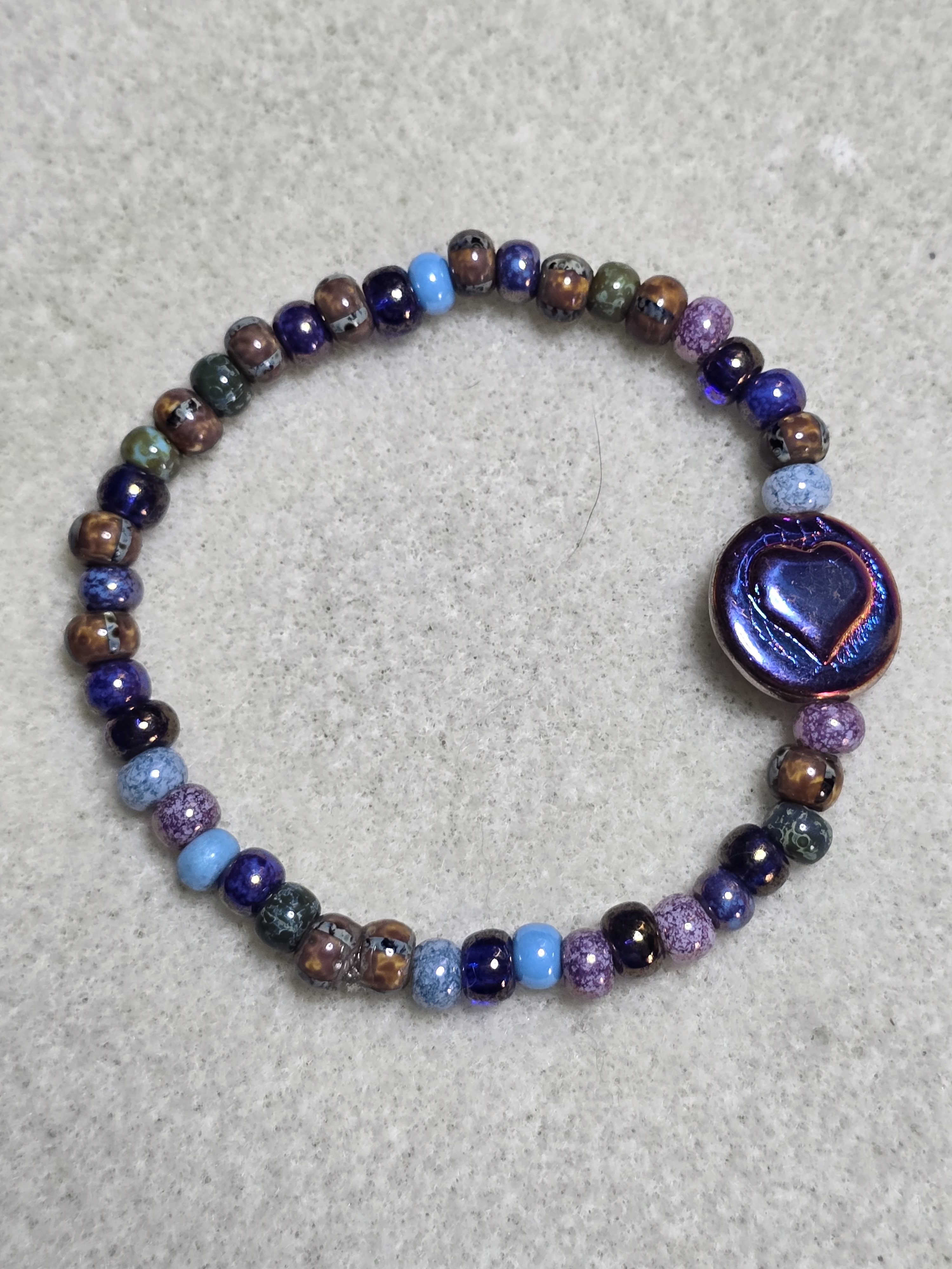 Handmade Multicolor Glass & Stone Bead Bracelet W/ Glass Reversible Heart Charm